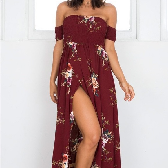 B2G1♦️🆕Boho Floral Off Shoulder Maxi Dress Wine - Picture 2 of 8